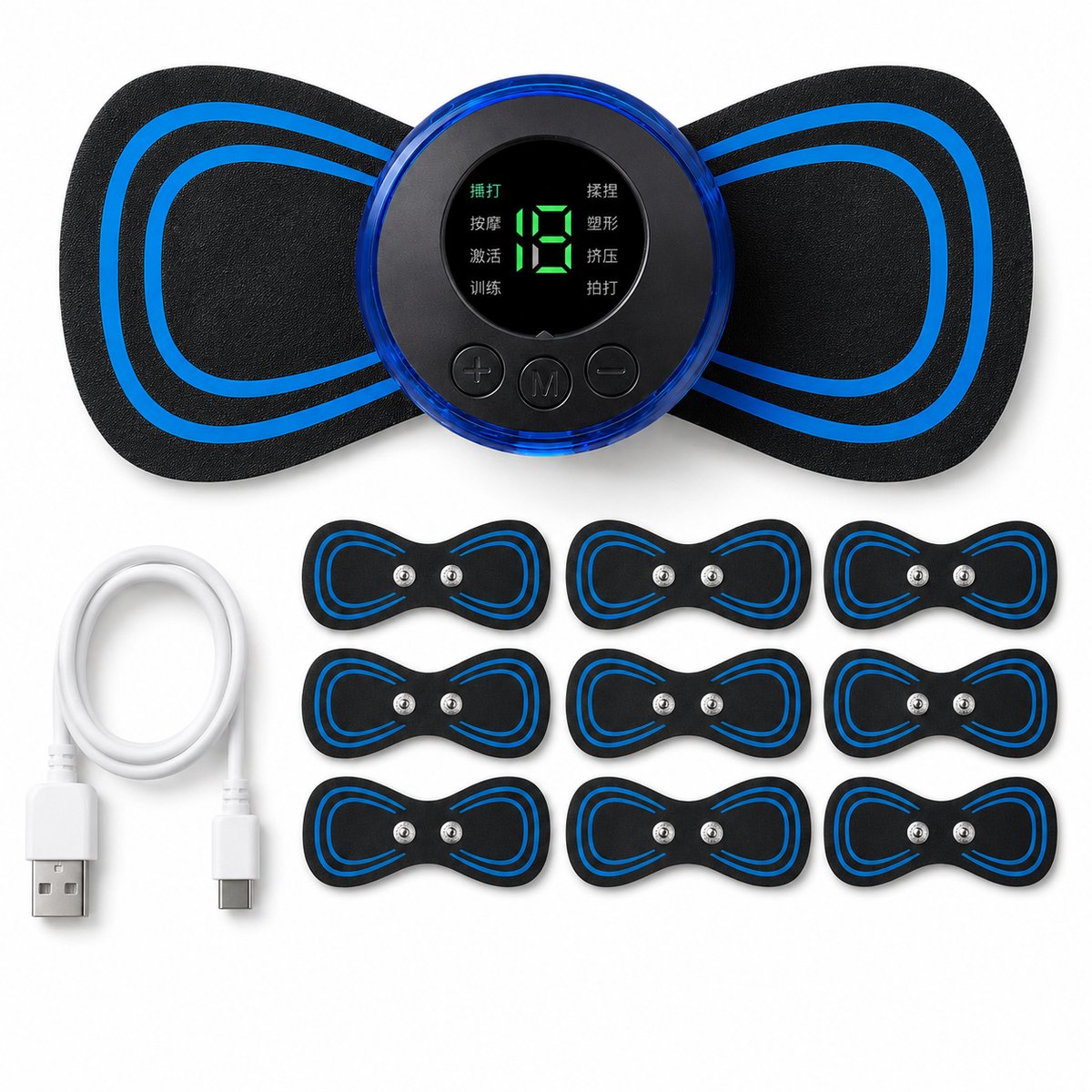 Gloovon® EMS Massage Apparaat-massage- TENS -10Stuks- Spierstimulatie - Stimuleert Bloedsomloop - Geschikt voor Rug, Armen en Benen - Draadloos - 54 standen - Zwart/Blauw