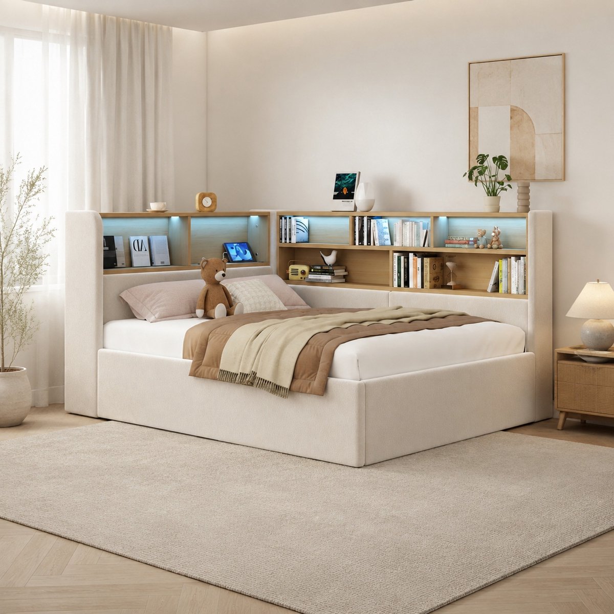 COVREO Bedbank 90x200 cm beige stof, met opbergruimte en LED