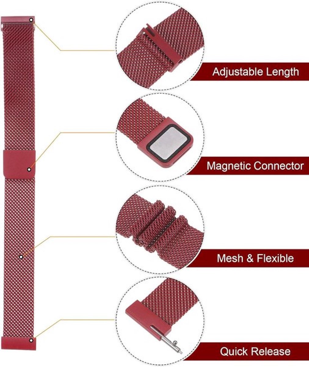 Roestvrij stalen mesh horlogeband - 14mm - snelwissel verstelbare armband - magnetische sluiting - unisex - rood