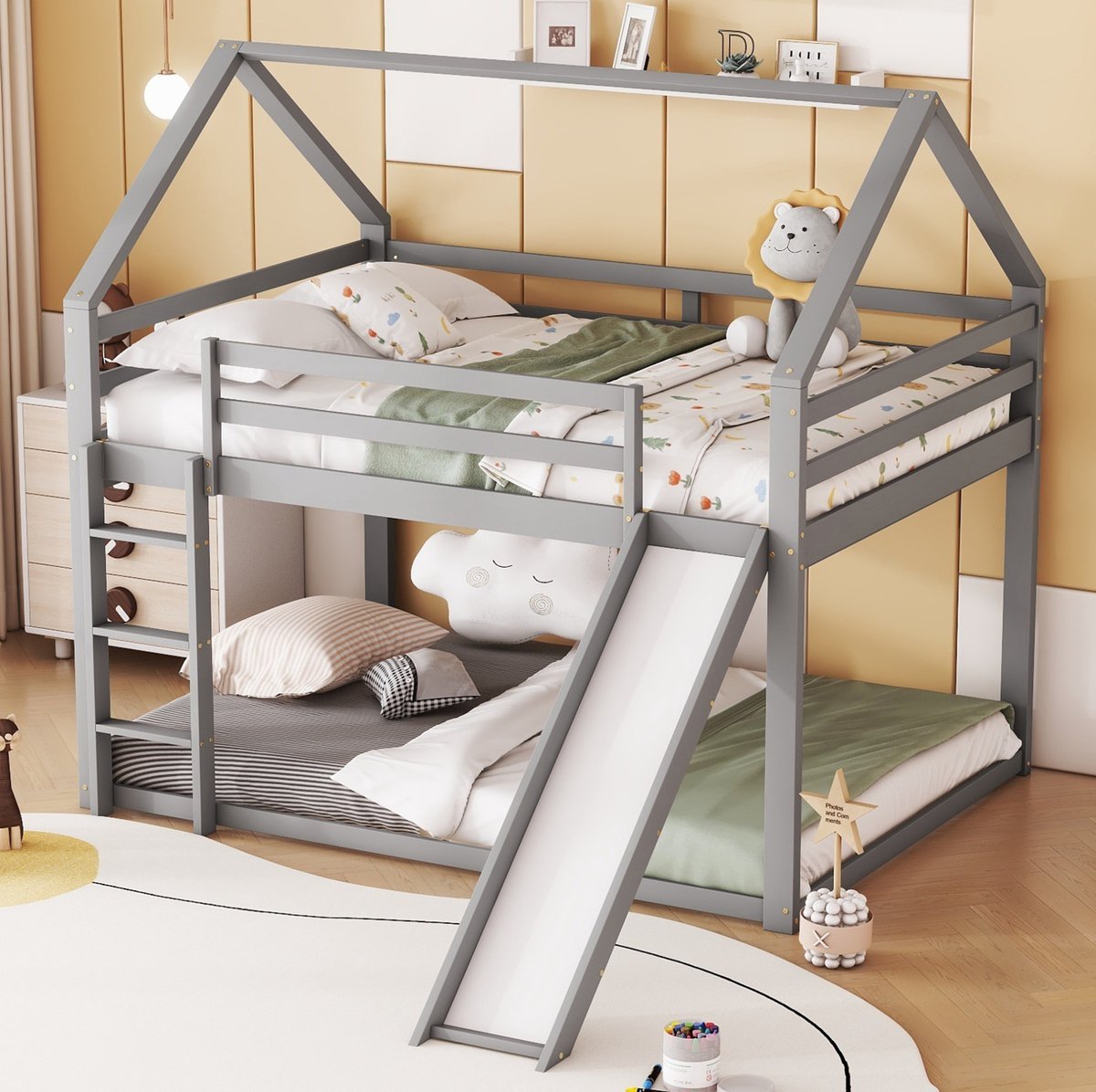 COVREO Stapelbed 140x200 cm grijs, hout en MDF met glijbaan en ladder