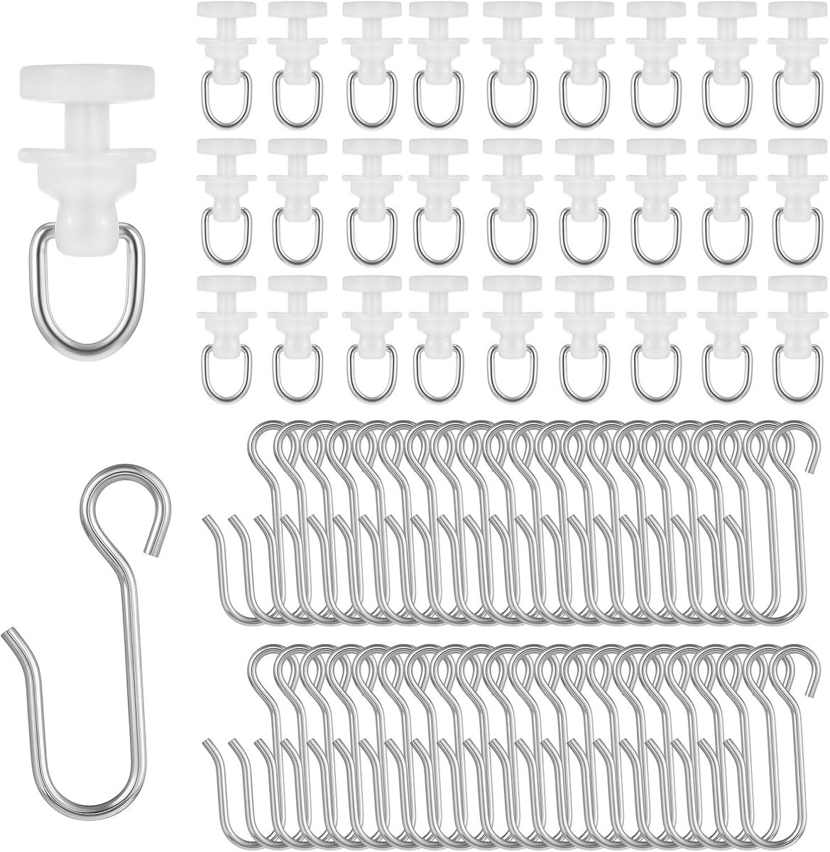 Gordijnaccessoires Set - Zilver/Wit - 200 Stuks - Metalen Gordijnhaken en Rollen - Voor Standaard Gordijnrails