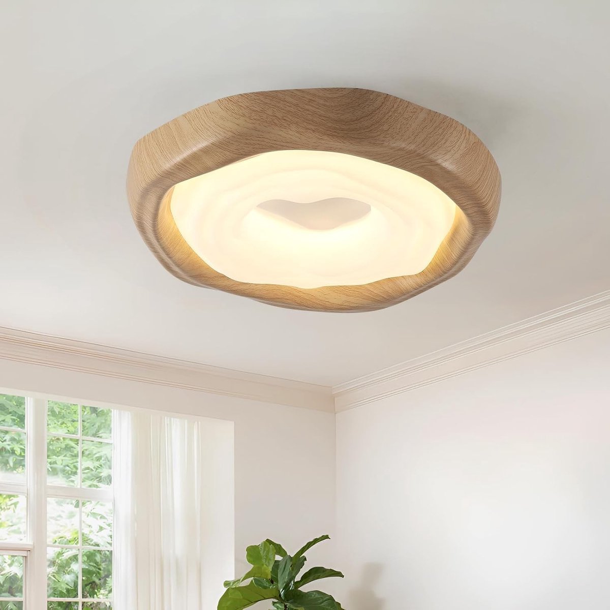 Moderne LED Plafondlamp - Geel - 42 x 10 cm - Houten Look met Metaal - Voor Slaapkamer en Woonkamer