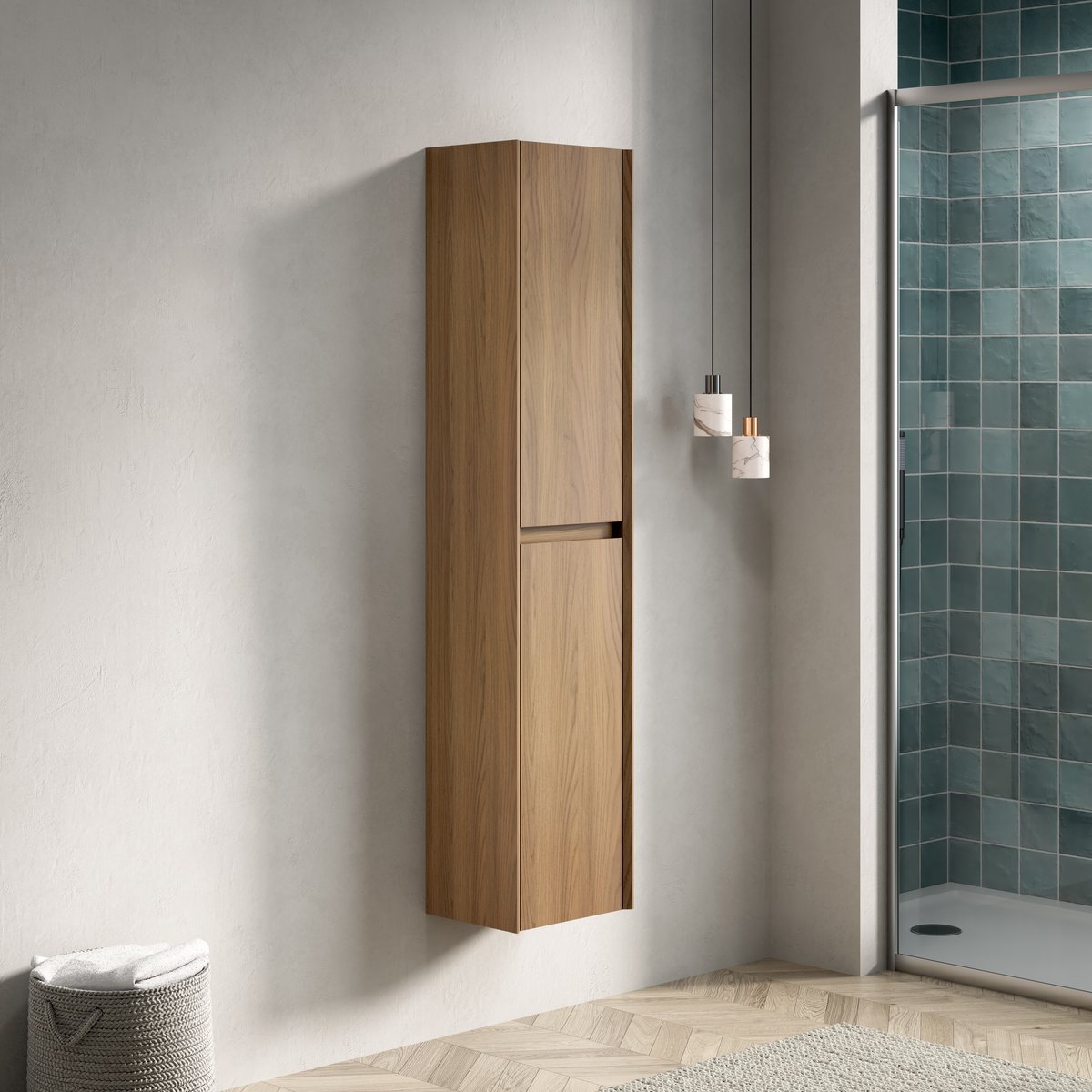 COVREO Badkamer wandkast 140 cm hoog eiken, smal met 2 deuren
