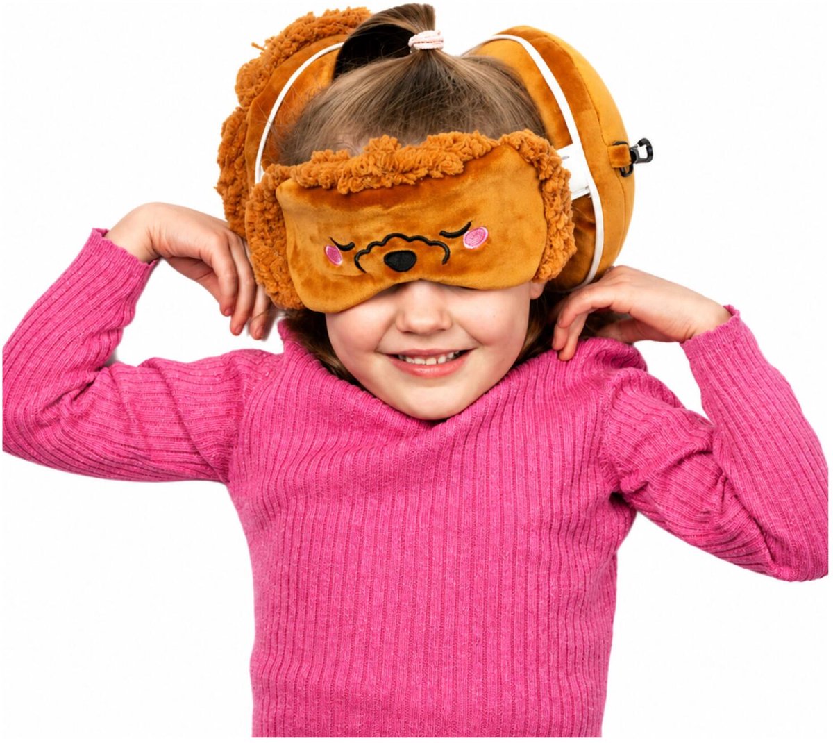 Bol.com Relaxeazzz Relaxeazzz Reis set - Poedel hond knuffel / reiskussen / slaapmasker - voor kinderen - in vliegtuig of auto aanbieding