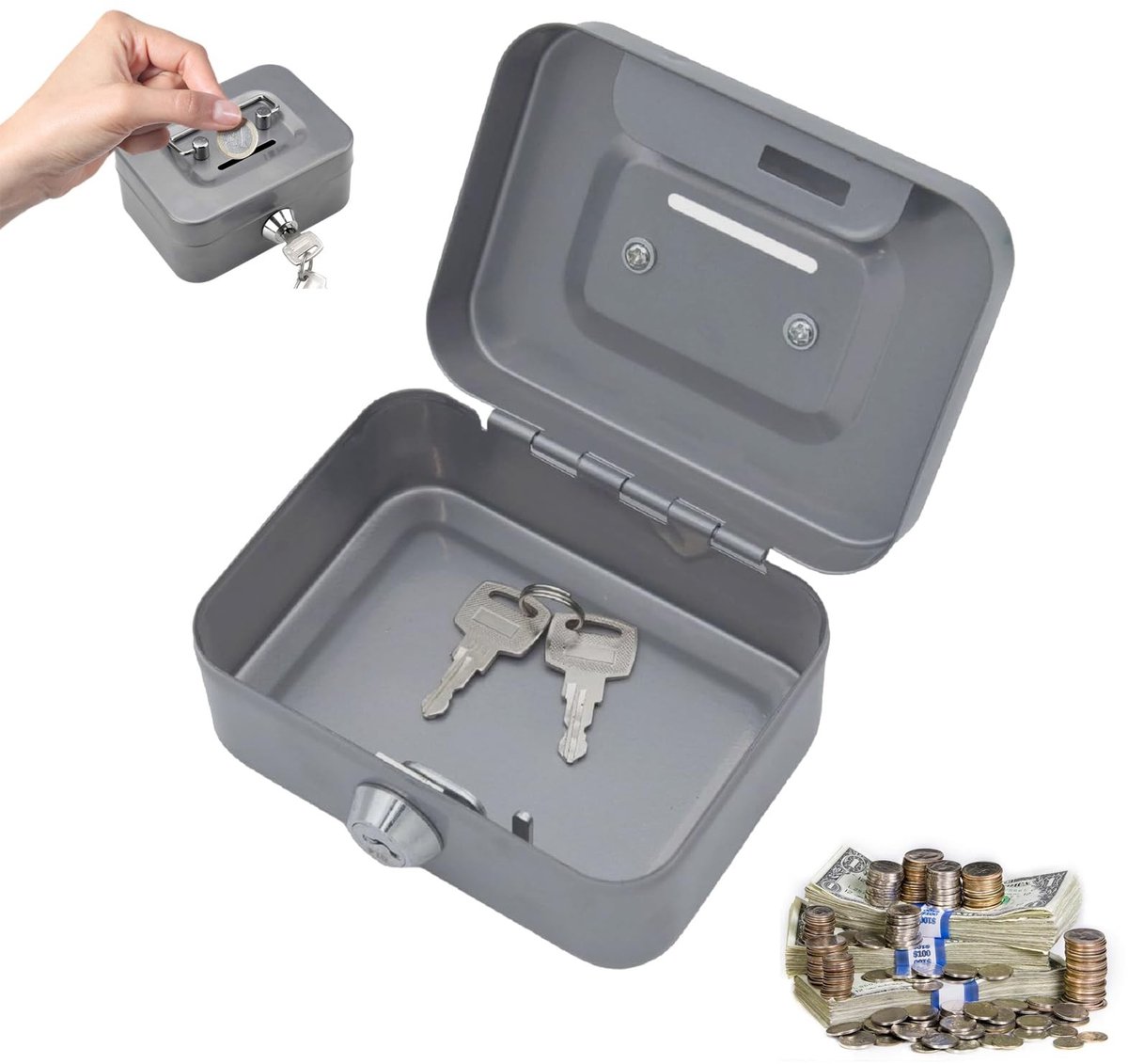 Dailygoods - Kleine geldcassette, zilverachtig kleine kluis, 11,5 x 8,5 x 5,8 cm, metalen sluitvak, spaarpot met toetsenblokkering, geldcassette afsluitbaar met sleutel, portemonnee, kassa met 2 sleutels