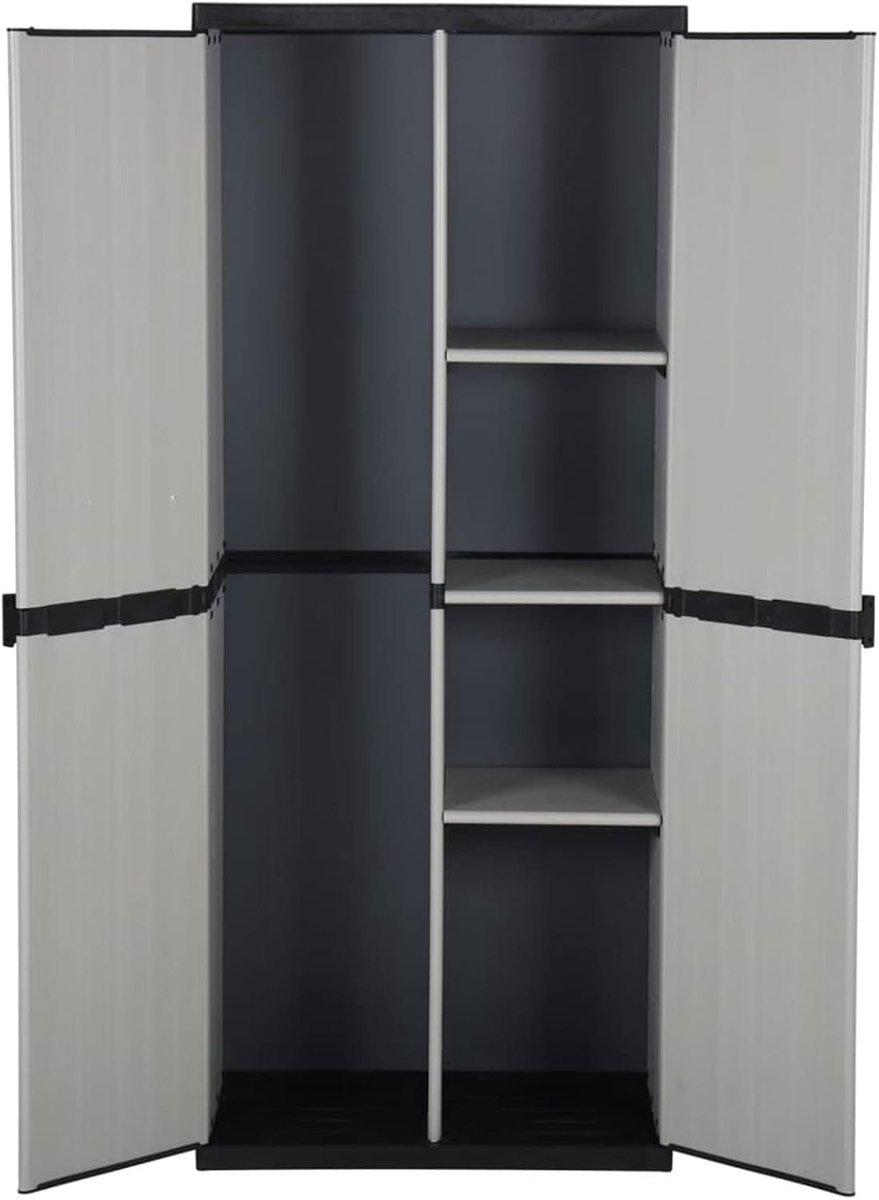 Tuinkast, kunststof kast, gereedschapsschuur, opbergkast, terraskast, balkonkast, kast met 2 deuren en 3 planken, grijs en zwart, 68 x 40 x 168 cm