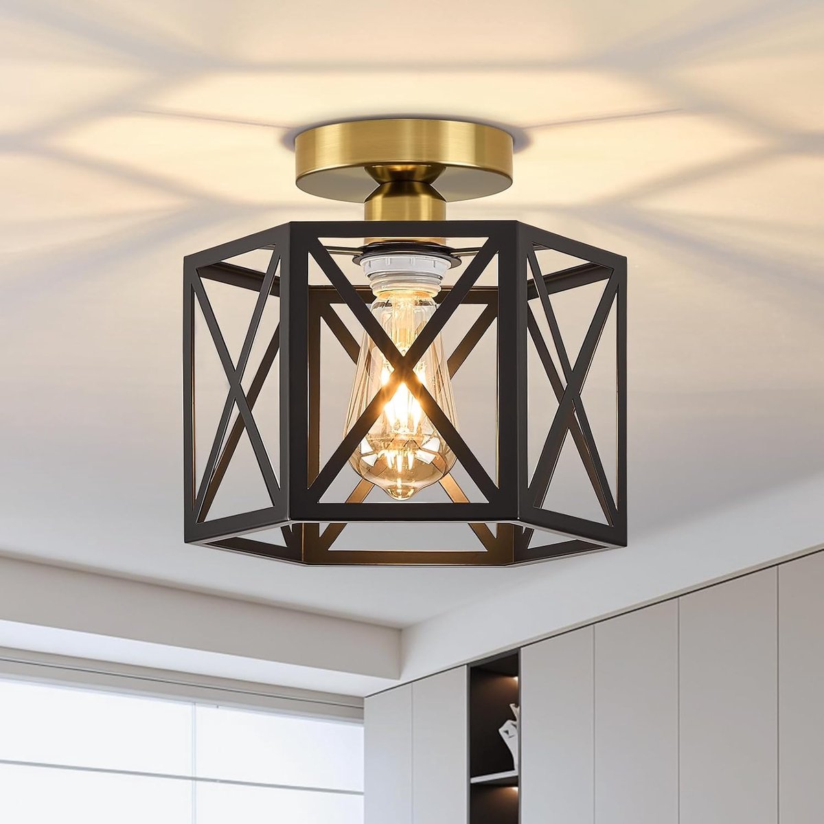 Plafondlamp Zwart en Goud 1licht E27, Industrieel Stijl Half Ingebouwd Metaal, Modern Kooi Lichtarmatuur voor Keuken, Gang, Slaapkamer, Woonkamer en Entree