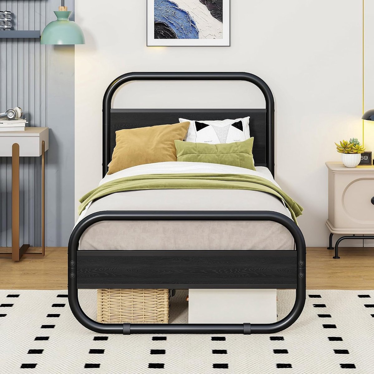 Bed 90 x 200 cm, bedframe van metaal en hout met lamellenbodem, bedframe 90 x 200 cm, met hoofdeinde, ovaal bed met platform met opbergruimte onder het bed, zwart