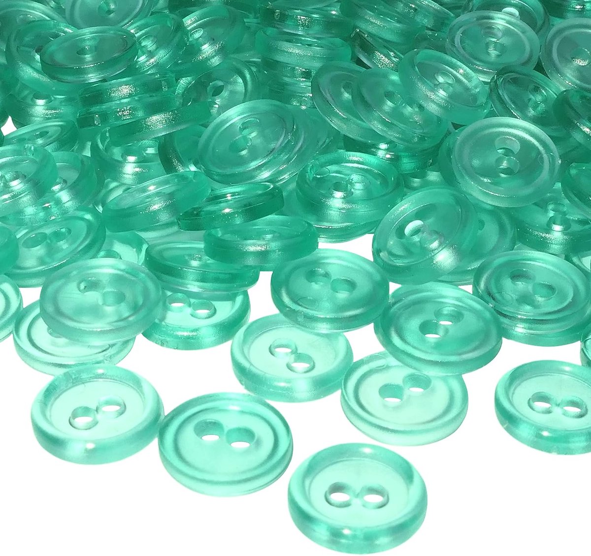 - C56370 - set met 100 ronde knopen Ø11,5x2,2 mm met 2 gaten - transparante smaragdkleur - kunststof - diameter van de opening 2 mm