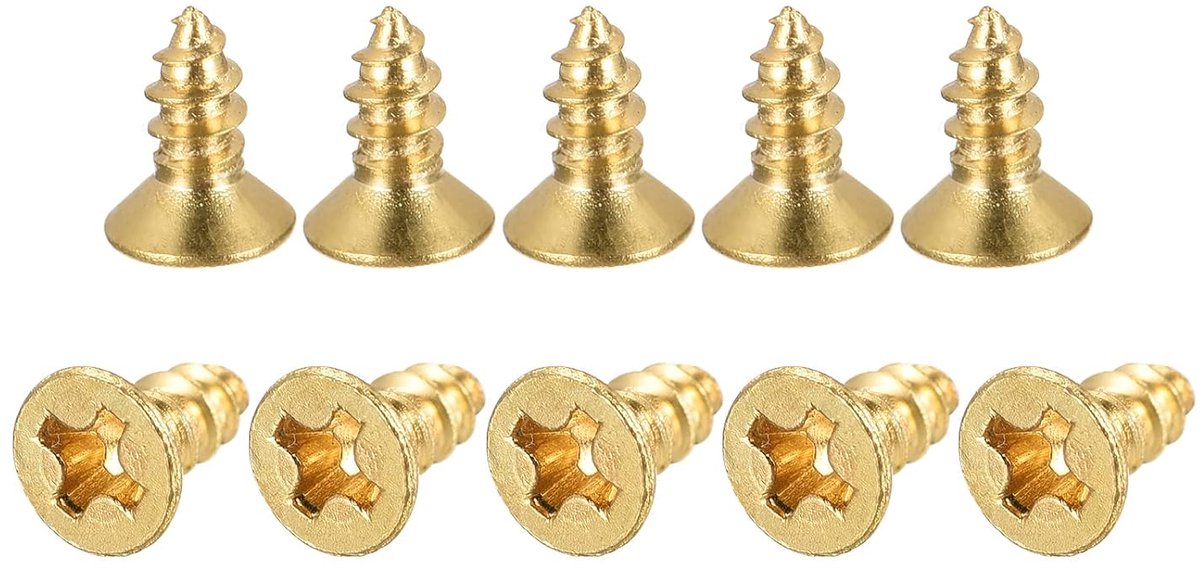 Messing schroeven voor hout, M3,5 x 8 mm Phillips, platte kop, zelftappende aansluiting voor deurscharnieren, houten meubels, huishoudelijke apparaten, 50 stuks