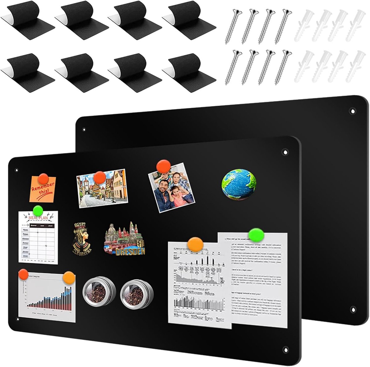 Magneetbord, 2 stuks, 43 x 30 cm, prikbord, magnetisch, voor kinderen, metalen bord, magneetwand, krasbestendig, magneetbord, bord voor keuken, kantoor, koelkast (zwart)
