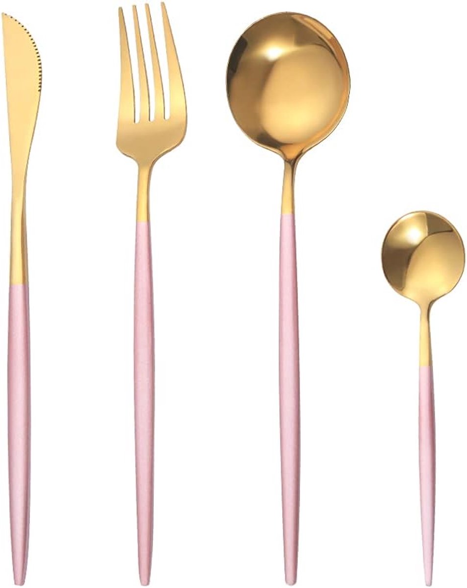 8 Stuks Roestvrij Staal Bestekset - Gouden en Zwart, Inclusief Messen, Vorken, Lepels en Theelepels - Voor 2 Personen (Roze Goud)
