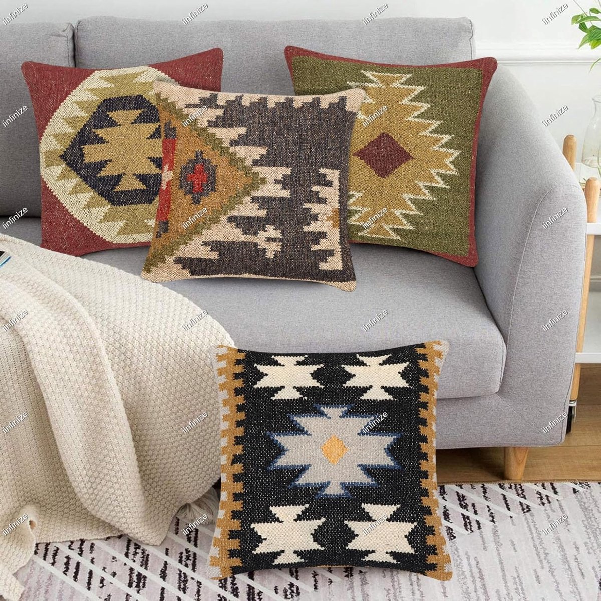 Kussenhoes 45x45cm - Wol-Jute - Handgemaakt kilim ontwerp - Perfect voor sfeervolle inrichting - SnelShoppen
