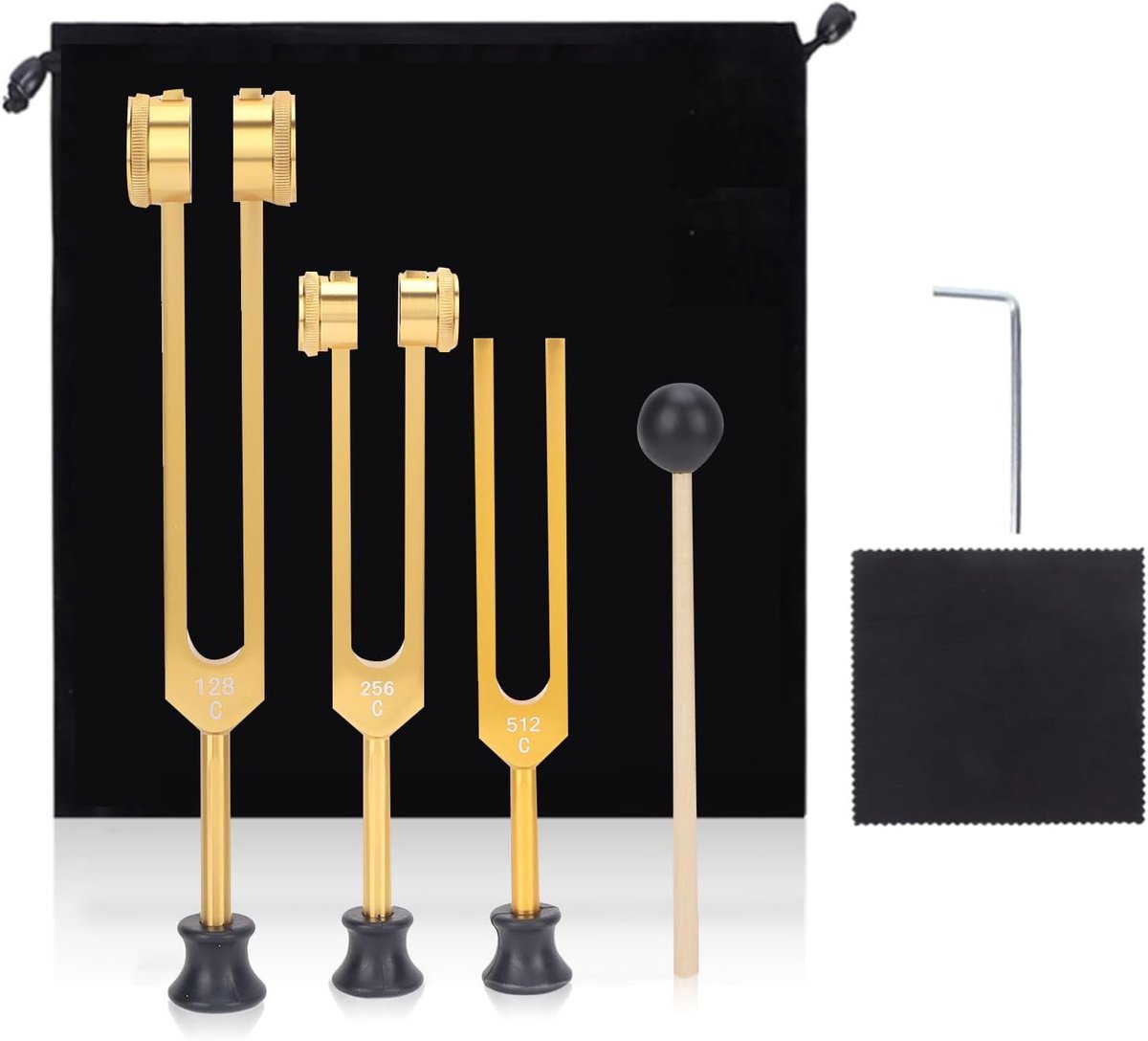 Stemvork Hamer Set, Aluminium Stemvork Set 128 256 512Hz Draagbare Stemvork Instrument voor Thuis Meditatie of Yoga(Goud)
