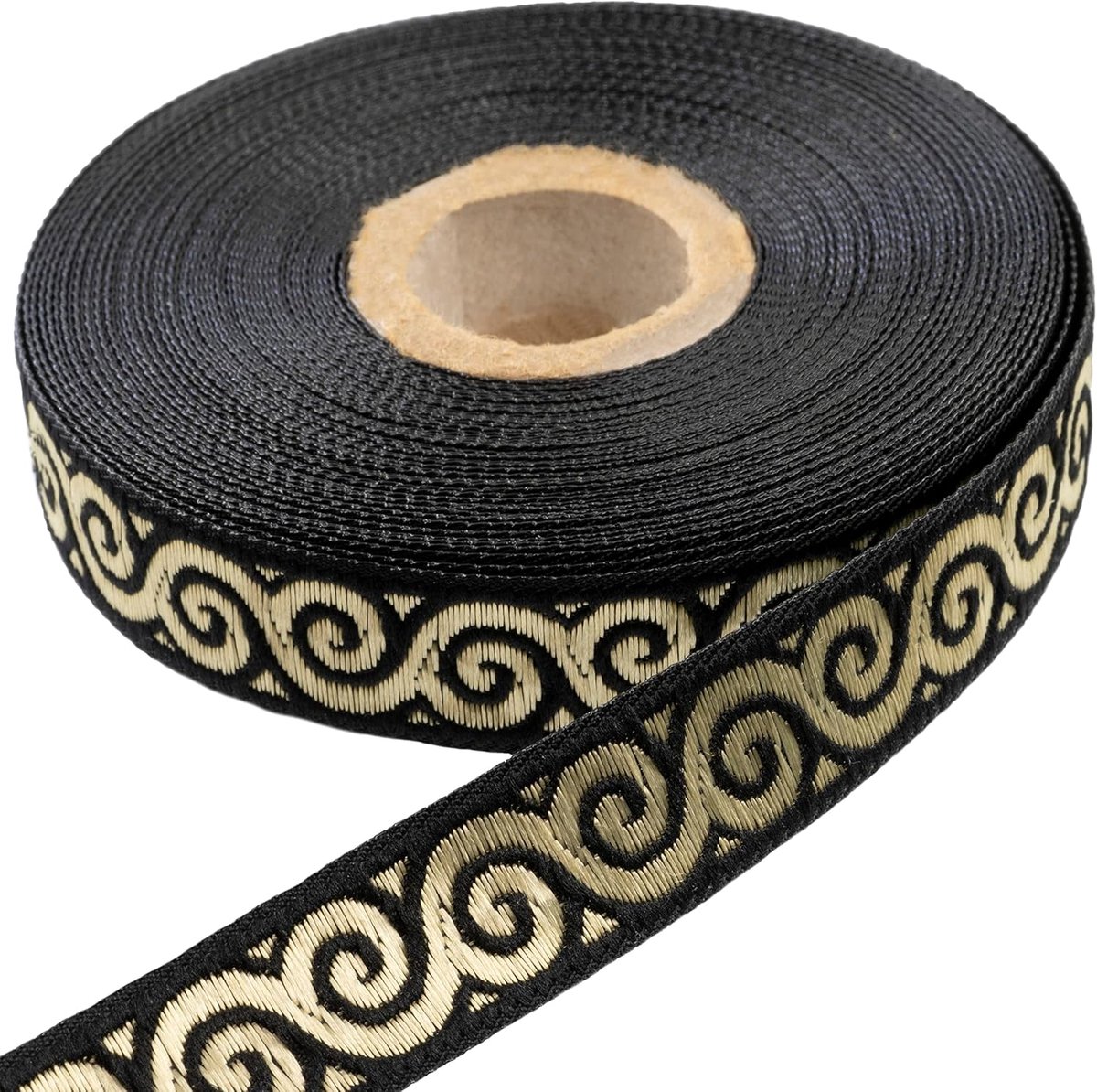 - C60653 - Lintjesrollen ~ 9 m x 16 mm jacquard - kleur: zwart en goud met slakkenpatroon - geborduurde stof handwerk kleding korte kleding creatieve vrijetijdsvormgeving decoratie