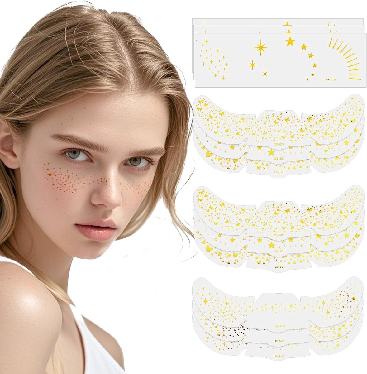 24 stuks glitter-zomersproeten, gezichtatoeages, 2 verschillende gouden waterdichte en langdurige glitter freckles tatoeages voor make-up, glitter zomersproeten, tijdelijke patches voor feestjes