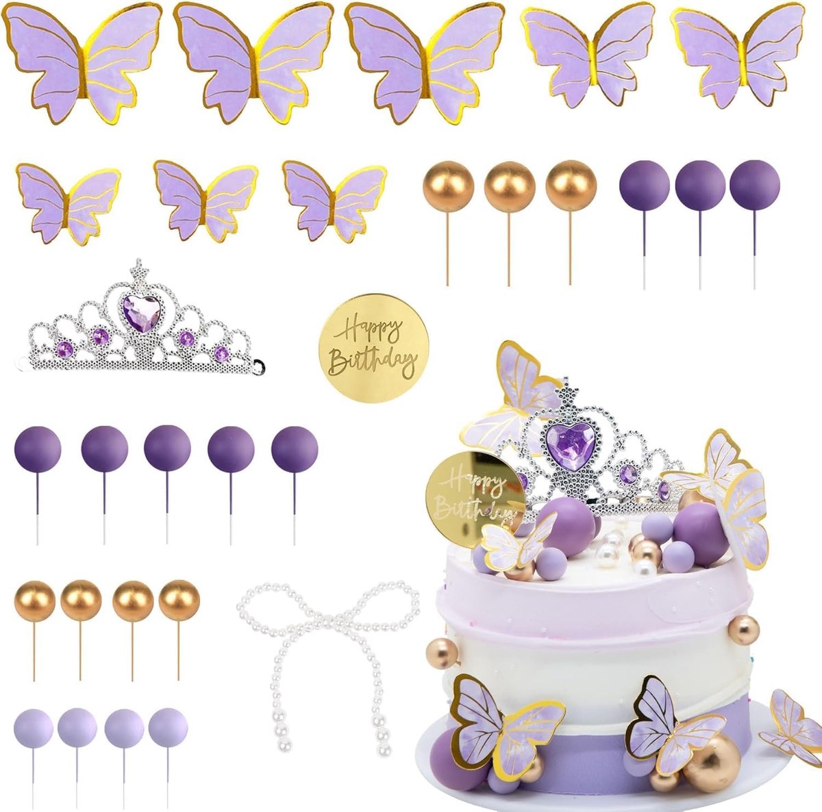 Taartdecoratie, 49 stuks, vlinders, taartdecoratie, lila, taartdecoratie, ballen, kroon, verjaardag, taarttopper voor meisjes, verjaardag, bruiloft, feest