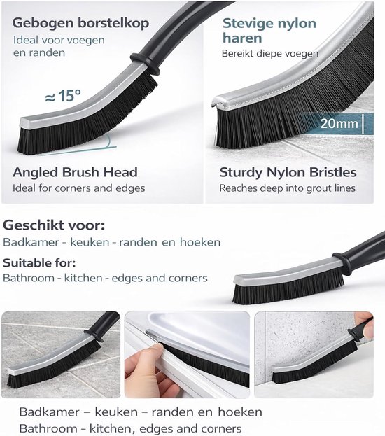 Voegenborstel gebogen 23,5 cm - nylon haren - voor reinigen van hoeken - SnelShoppen — afbeelding 2