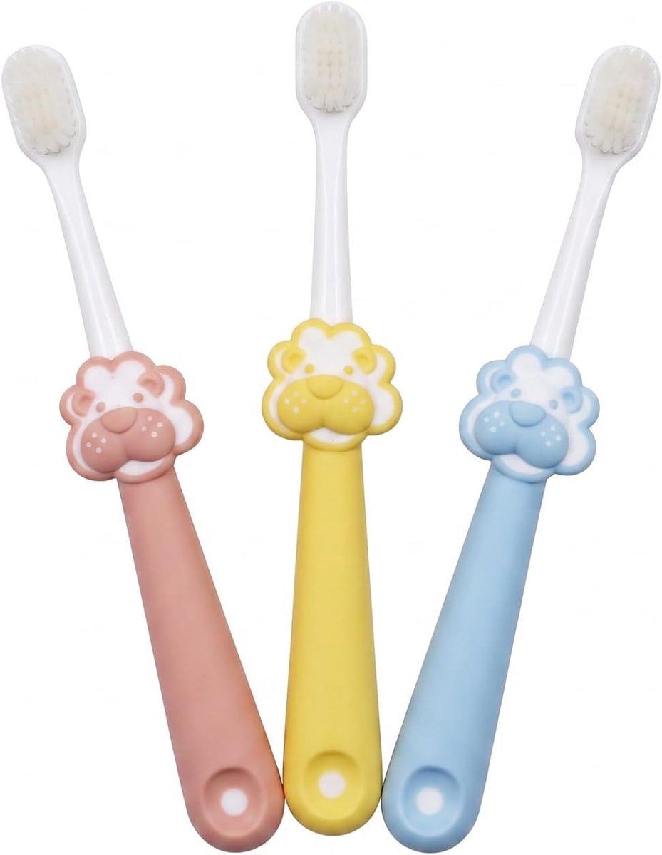 3 stuks babytandenborstels 1-6 jaar, zachte kindertandenborstel met schattige leeuwenhandgreep, babytandenborstel voor tandvleesverzorging
