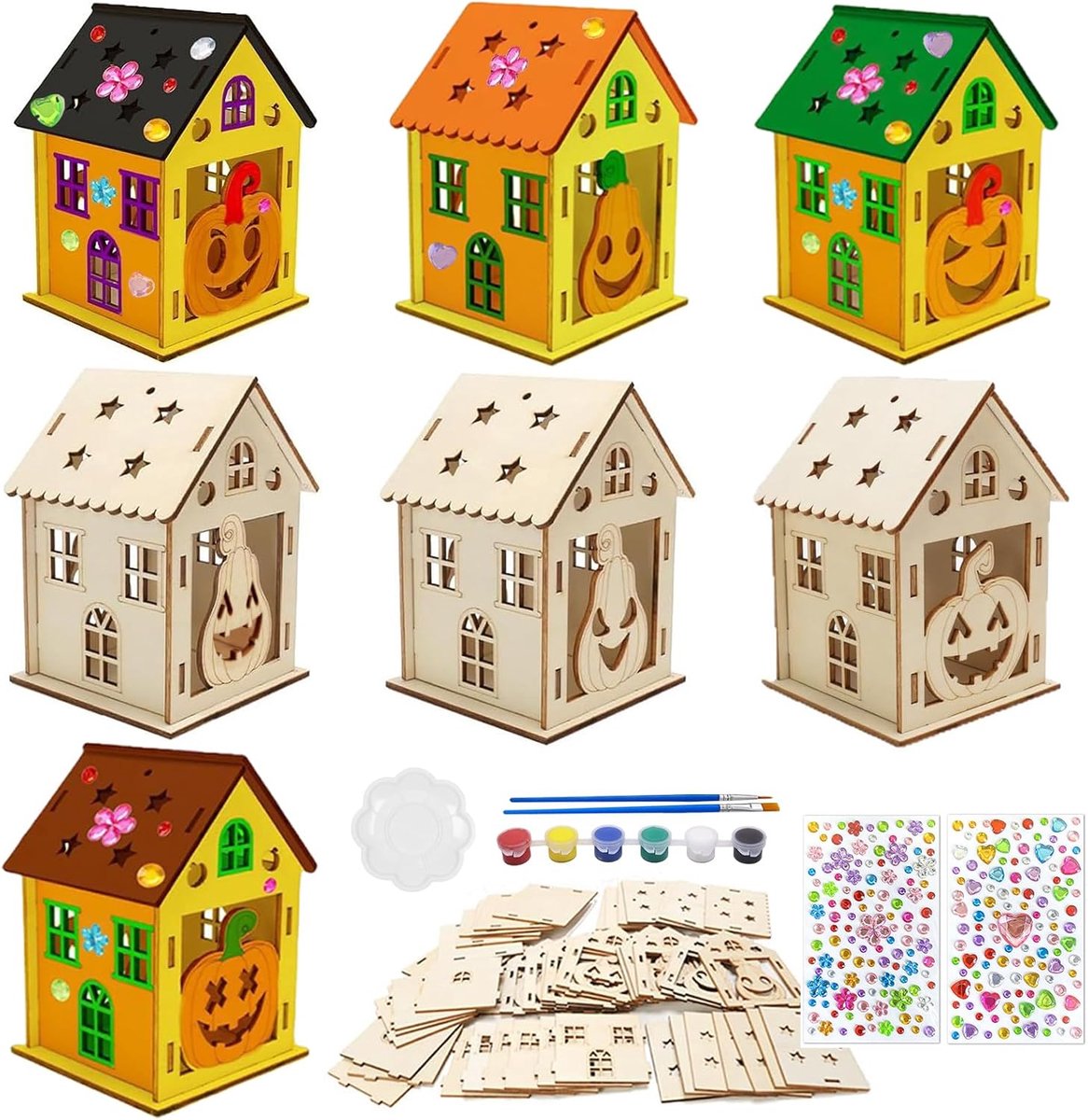 7-delige knutselset, Halloween, kinderschilderen, creatieve houtsnippers, Halloween, handmatige activiteit, knutselen, huis, pompoen, Halloween, knutselen, huis, pompoen, cadeaus voor kinderen