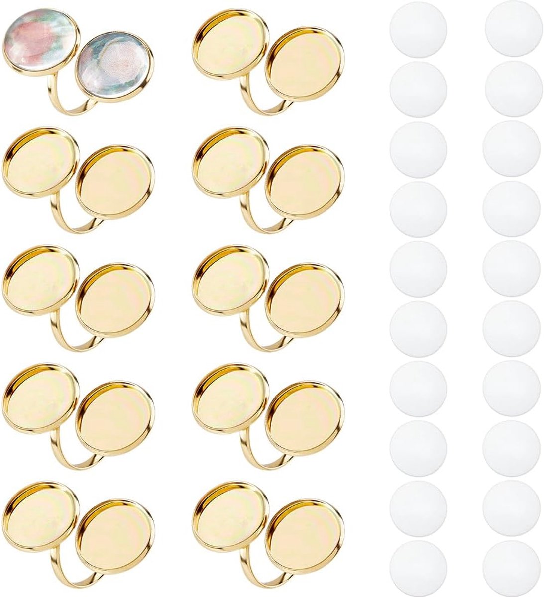 10 stuks roestvrijstalen ringbases 18K vergulde ringonbewerkte ringen platte ronde dragerringen open bezelschalen met 20 stuks glazen cabochons voor het maken van ringsieraden
