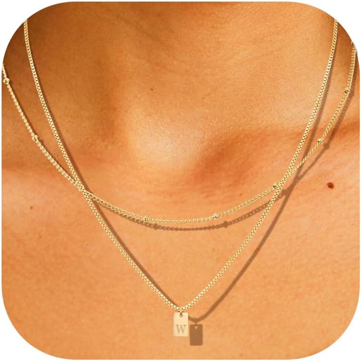 initiële ketting dames roestvrij staal goud zilver dubbellaags letter kettingen gepersonaliseerde naam A-Z kleine vierkante hanger sieraden geschenken voor meisjes en vrouwen