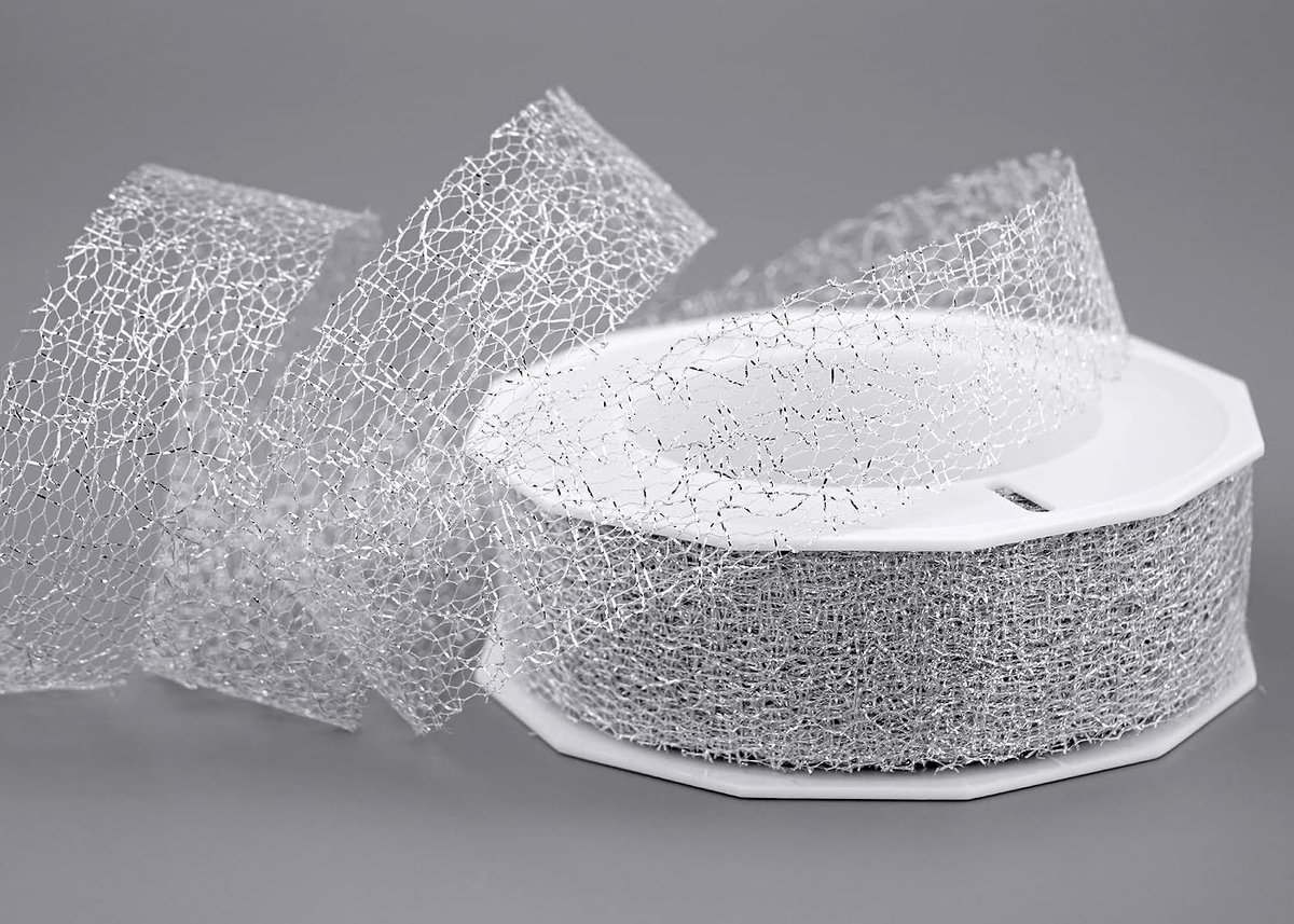 Lace, decoratief lint, 20 m x 25 mm, zilverkleurig, transparant, metallic, glanzend, cadeaulint, kerstdecoratie, kant, effectlint, glansband, Lurex