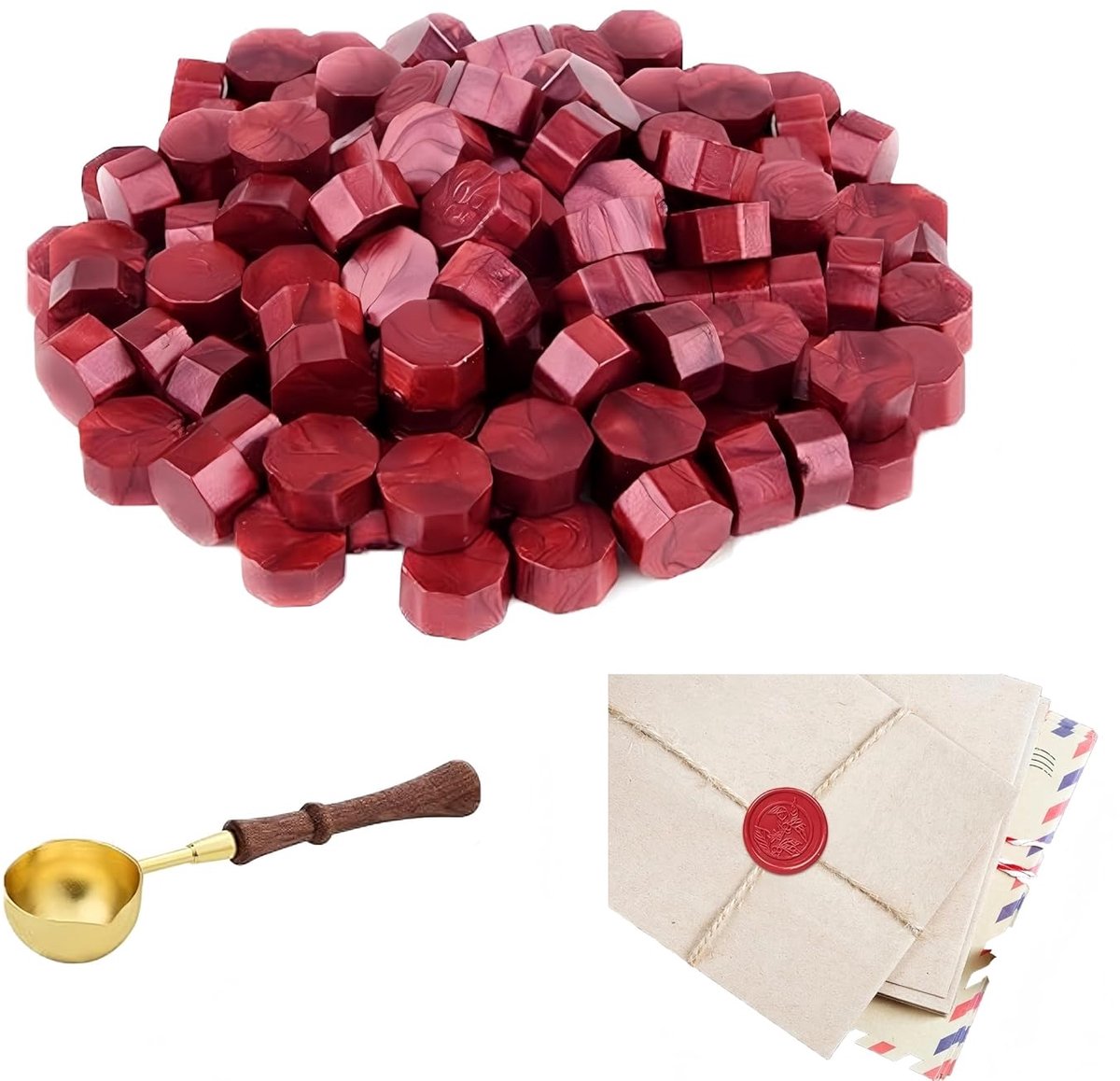 100 stuks wax zegel kralen kit - vlamrode achthoek zegellak met smeltlepel, perfect voor uitnodigingen, enveloppen en pakketdecoratie, doe-het-zelf ambachtelijke stempelset