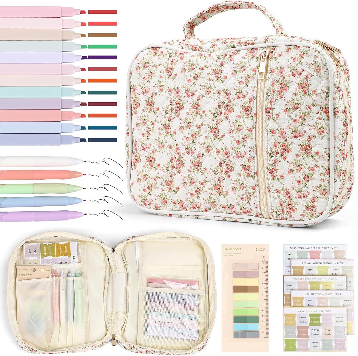 Bijbeljournalingsset, bijbeltas inclusief 12 markeerstiften, 5 gelpennen, 200 tabbladen, 75 gebedskaarten, 30 x 23 x 8 cm, katoenen bijbeldraagtas voor vrouwen, bijbelstudienaccessoires