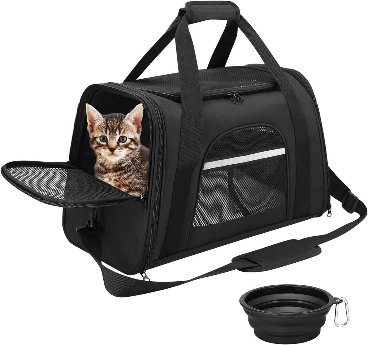Transporttas voor Kat Hond opvouwbar Kattentransportbox draagbaar Hondentas Kattentas Huisdiertransportbox Draagbox voor middelgrote Honden en Katten met uitneembare fleecemat En een kom (Zwart)