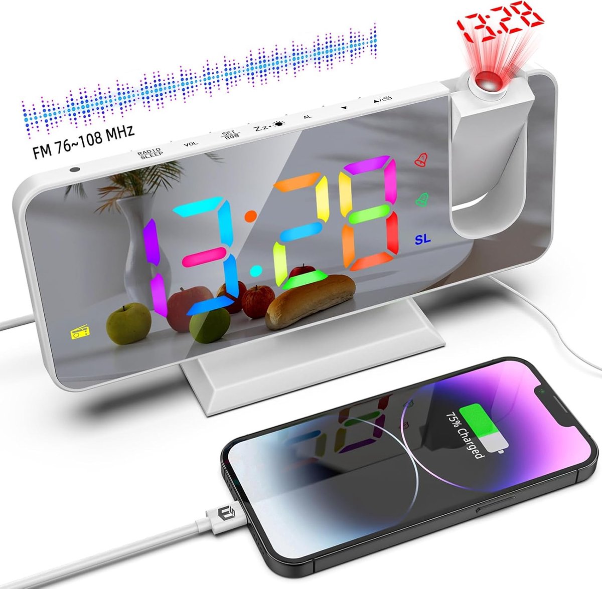 Radio Wekker met Projectie RGB Kleurrijke Klok Snooz Wit | Dubbel Alarm, USB-Lader Poort, Grote Spiegel Scherm Display