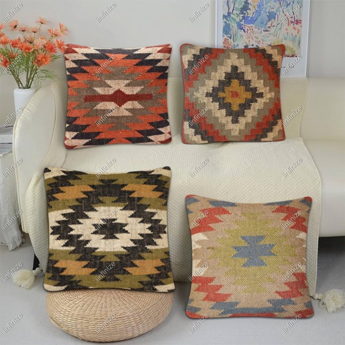 Kussenhoes 45x45 cm - Etnische wol-jute - Handgemaakt geometrisch boho ontwerp - Perfect voor sfeervolle decoratie - SnelShoppen
