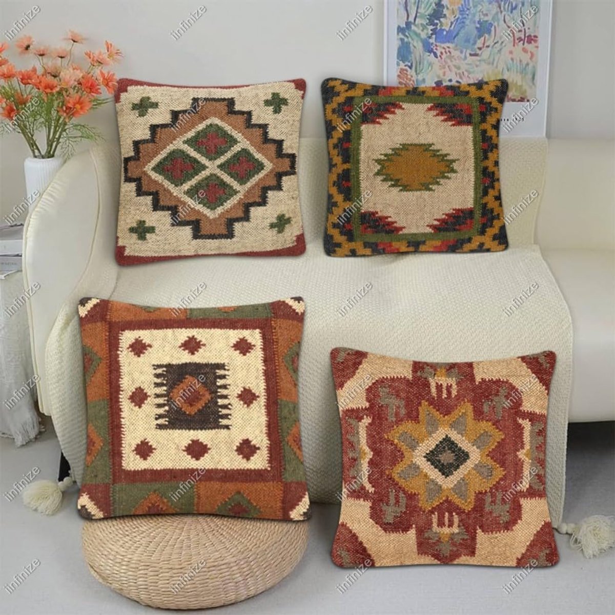 Kussenhoezen 45x45 cm - Handgeweven Wol-Jute - Etnisch Kelim Design - Creëer een Boheemse Sfeer - SnelShoppen