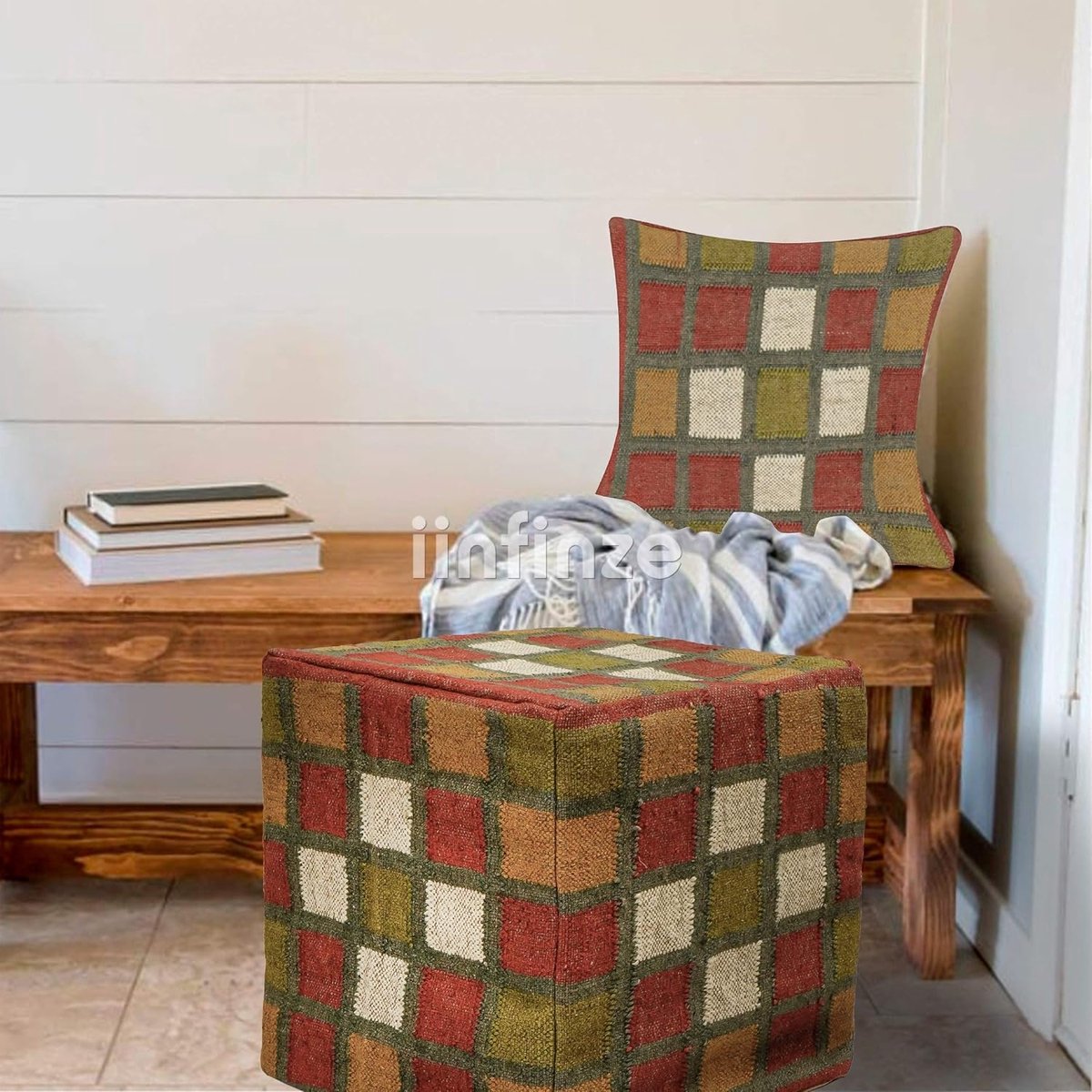 Ottoman pouf 45x45 cm - wol jute - bohemian handgeweven - comfortabel voetsteun - SnelShoppen