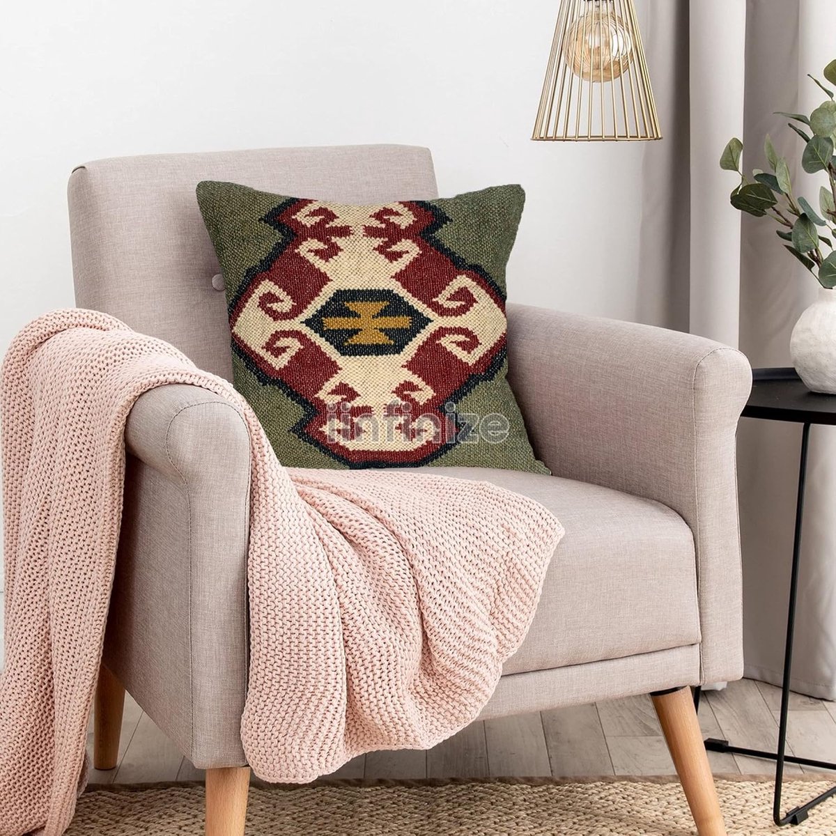 Kussenhoes handgeweven 45 x 45 cm - wol-jute - etnisch patroon - decoratief voor woonkamer - SnelShoppen
