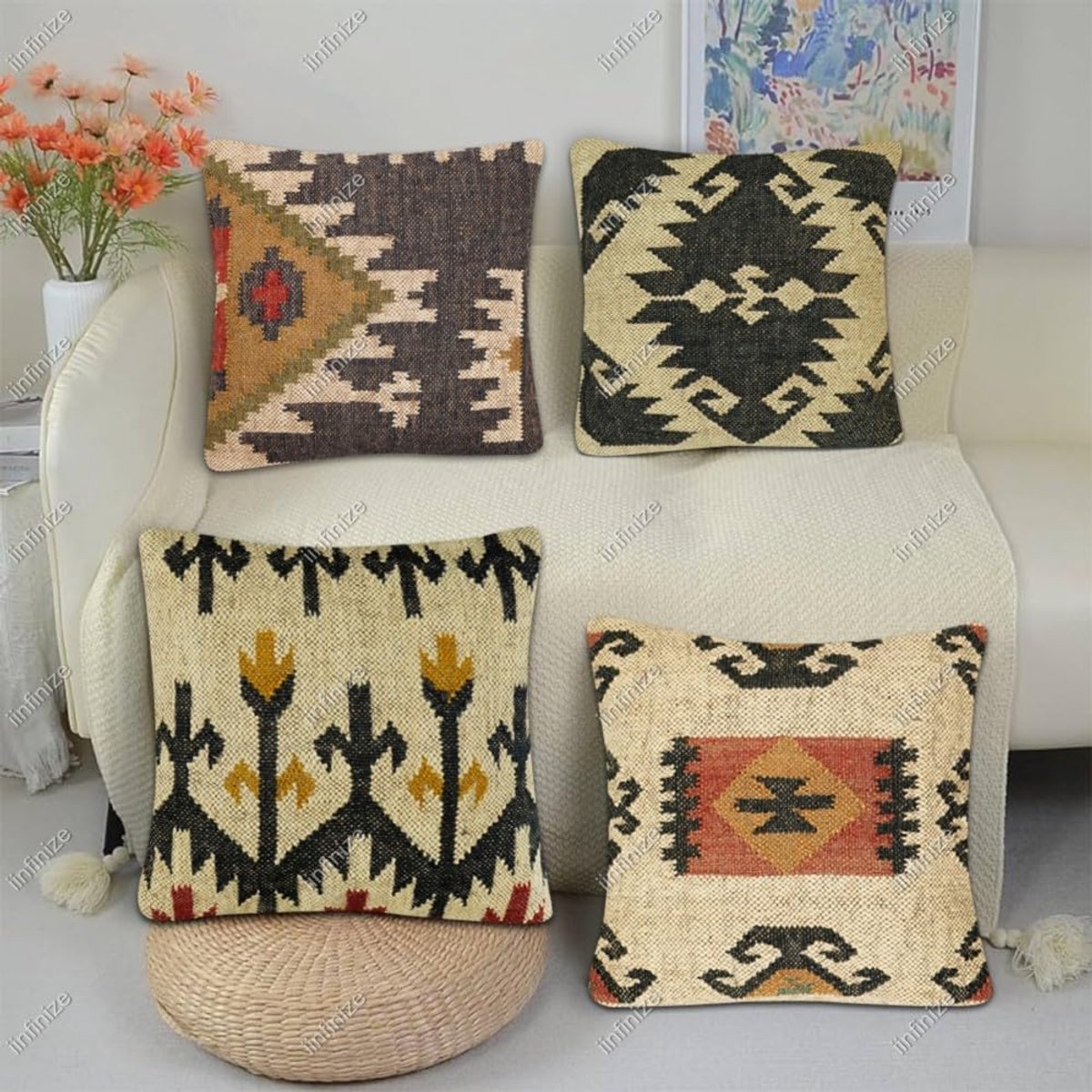 Kussenhoes 45 x 45 cm - Jute en wol - Handgemaakt kelim patroon - Perfect voor Boho interieur - SnelShoppen
