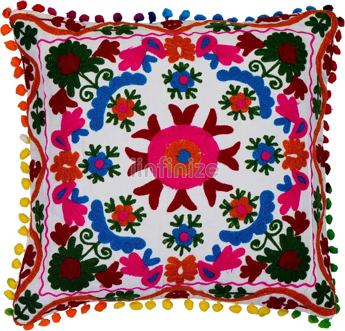 Kussenhoes 16x16 Inch - Etnische Bloemen - Wol Borduurwerk - Ideaal voor Sofas - SnelShoppen