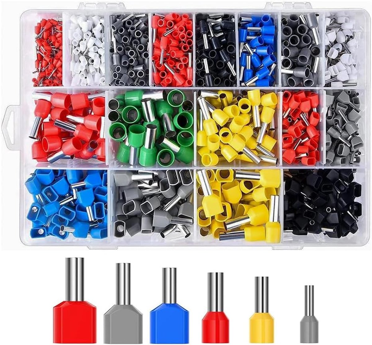 1200 stuks dubbele kabelhulzen, dubbele klemmen, 0,5-16 mm², krimpverbinders, kern volledig van koper, hoge isolatiebescherming
