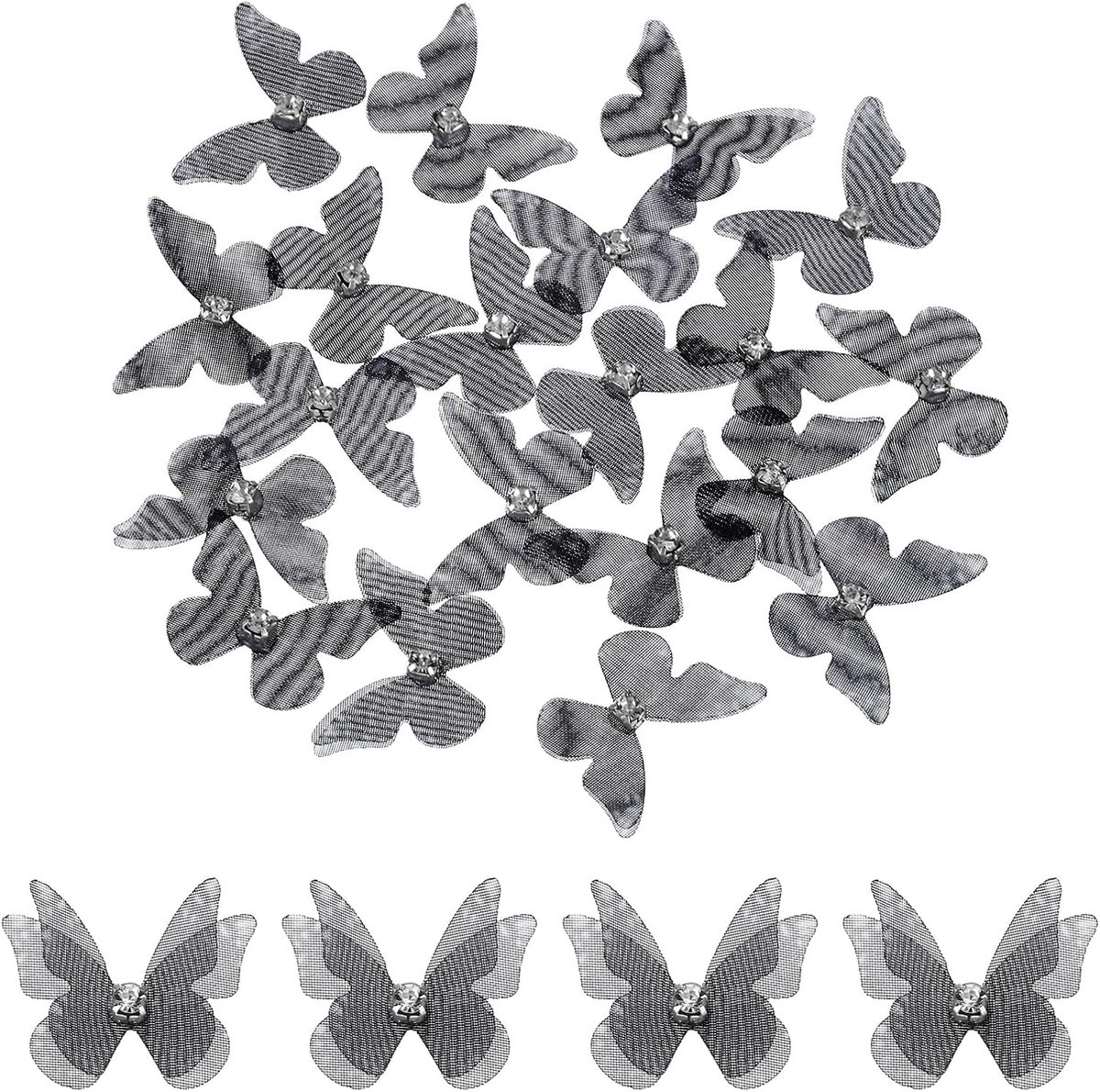 20 stuks vlinderapplicaties van transparante tule, 20 mm, twee lagen, vlinders, met applique, edelsteen, doe-het-zelf, 3D-ornament, voor decoratie van bruiloft, feest, huis, kleding, zwart