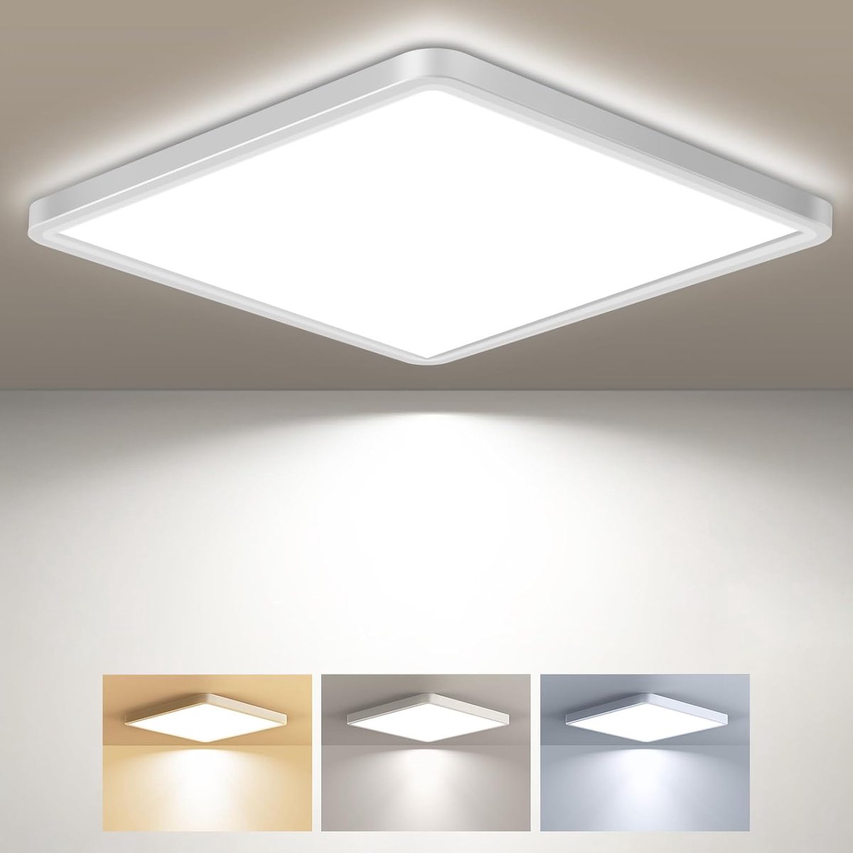 zemty Vierkante led-plafondlamp, 3 kleuren (3000 K/4000 K/6500 K) plafondlamp, 2800 lm, plafondlamp, badkamer, IP44, waterdicht, voor kantoor, keuken, slaapkamer, hal, balkon, garage, 29 cm