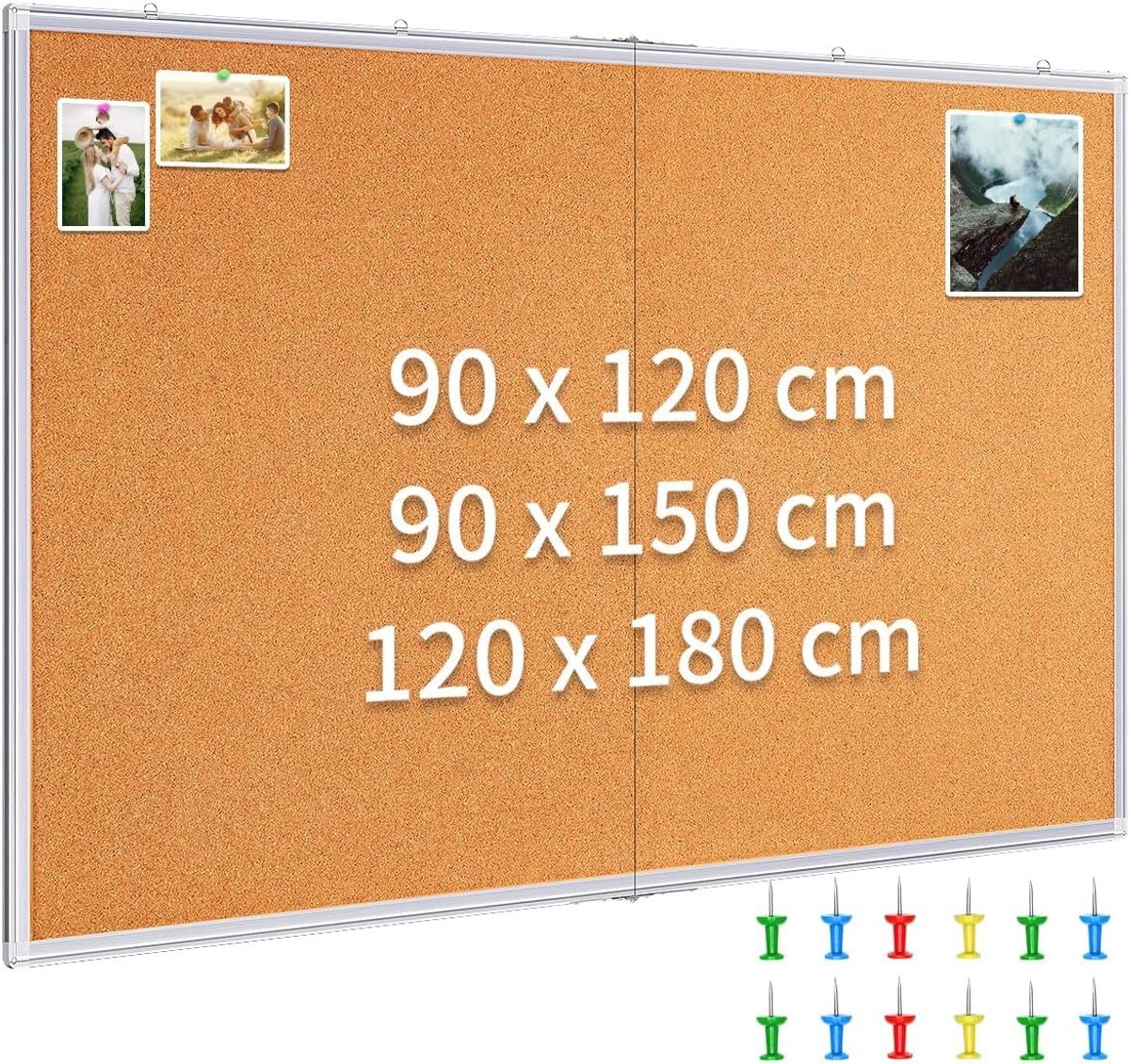 Kurkbord met 12 punaises voor muur, 150 x 90 cm dik zichtbord, prikbord voor thuis, keuken, slaapkamer, kantoor, school, aluminium frame