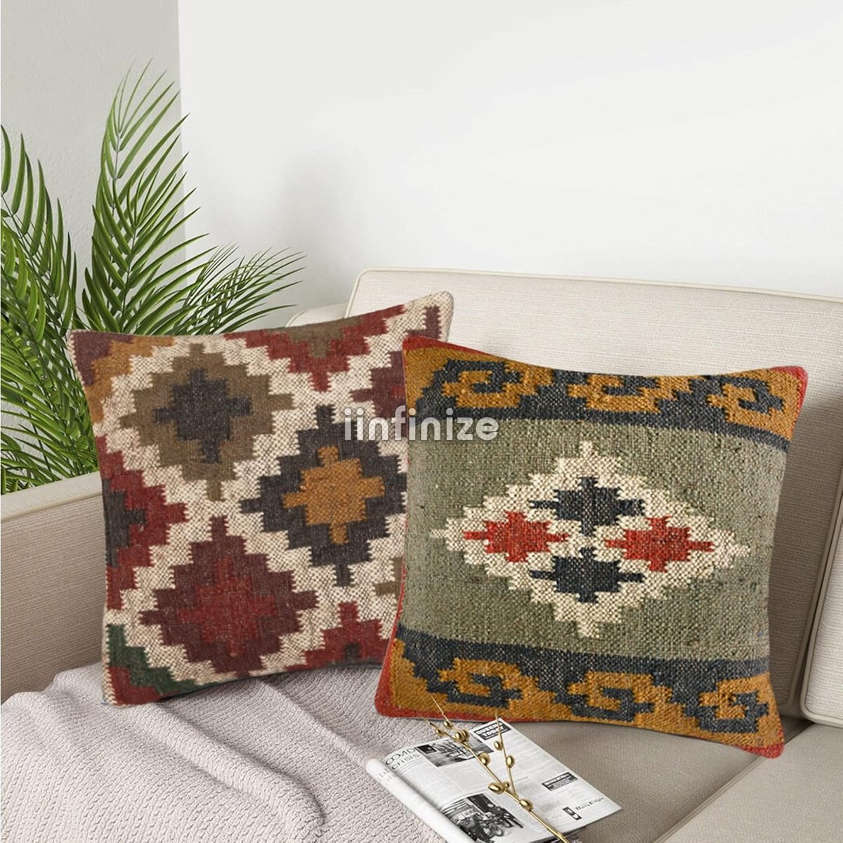 Kussensloop set van 2 - 18x18 inch - wol-jute - handgeweven kelim ontwerp - sfeervolle woondecoratie - SnelShoppen