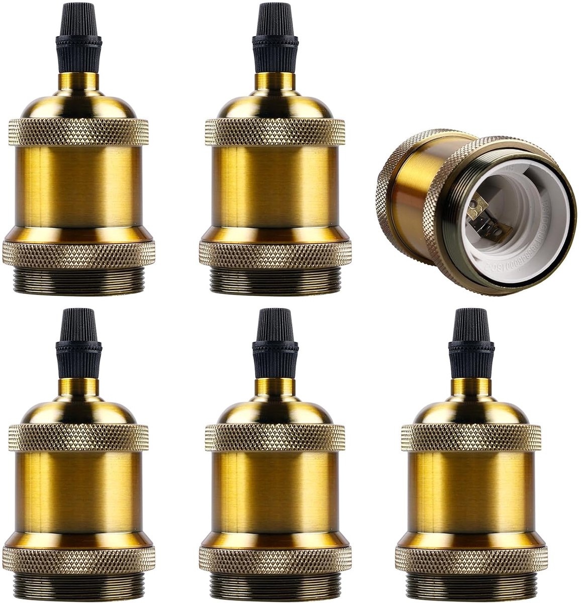 Set van 6 E27 Vintage Edison lampfitting, brons, lamphouder van aluminium behuizing, lampvoet fitting voor DIY Edison schroefgloeilamp, wand-, tafel- of hanglamp, plafondlamp (goud)