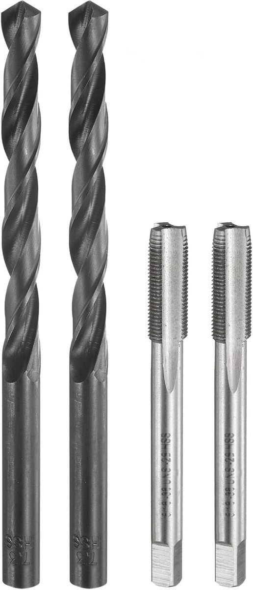 Set van 2 stuks 5/16 36 UNS rechte groef schroefdraadboor & 2 stuks 7,3 mm spiraalboren, ongecoat/zwart oxide HSS 6542 machine-schroefdraadboorset