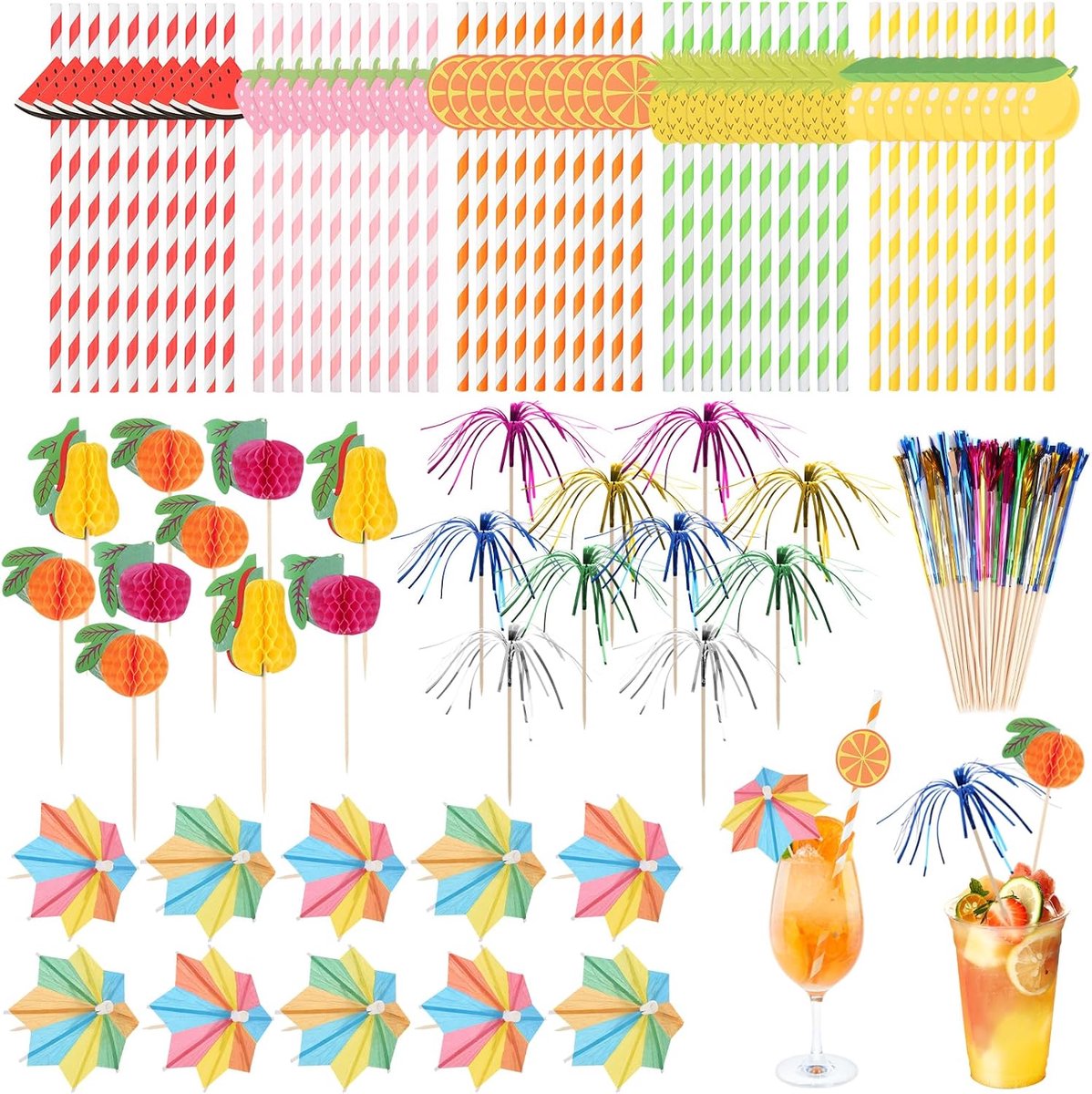 Cocktaildecoratie 100 stuks - biologisch afbreekbare rietjes - kleurrijke parasols - perfect voor feestelijke dranken - ShopVlot