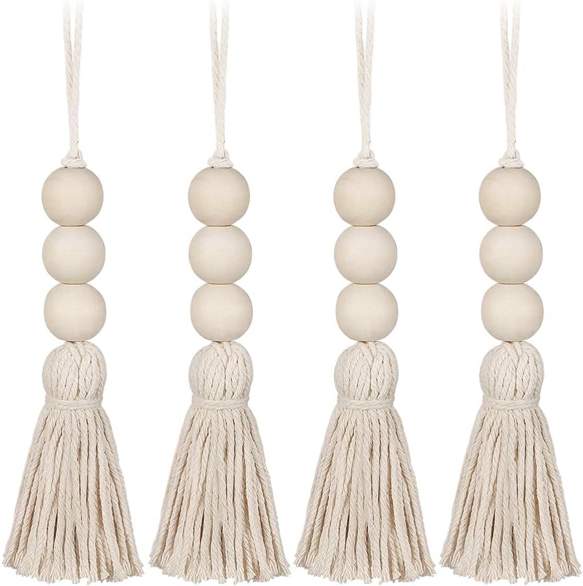 Houten Tassel Beads 4 Stuks - Decoratieve Hangertjes - Bohemian Stijl - Voor deurroutes en wanddecoratie - SnelShoppen
