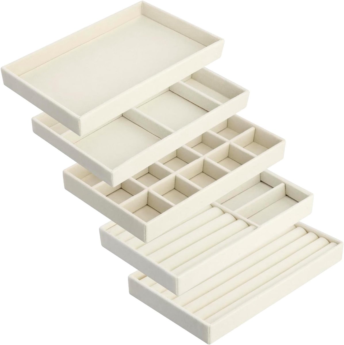 Sieraden trays set van 5 - beige fluwelen trays - organiseer en bescherm je sieraden - ruimtebesparend - SnelShoppen