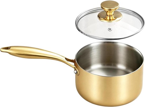 Sauspan met deksel - Kleine kookpan - Thuis koken - Dubbele schenktuit - 16 cm - Gouden glans