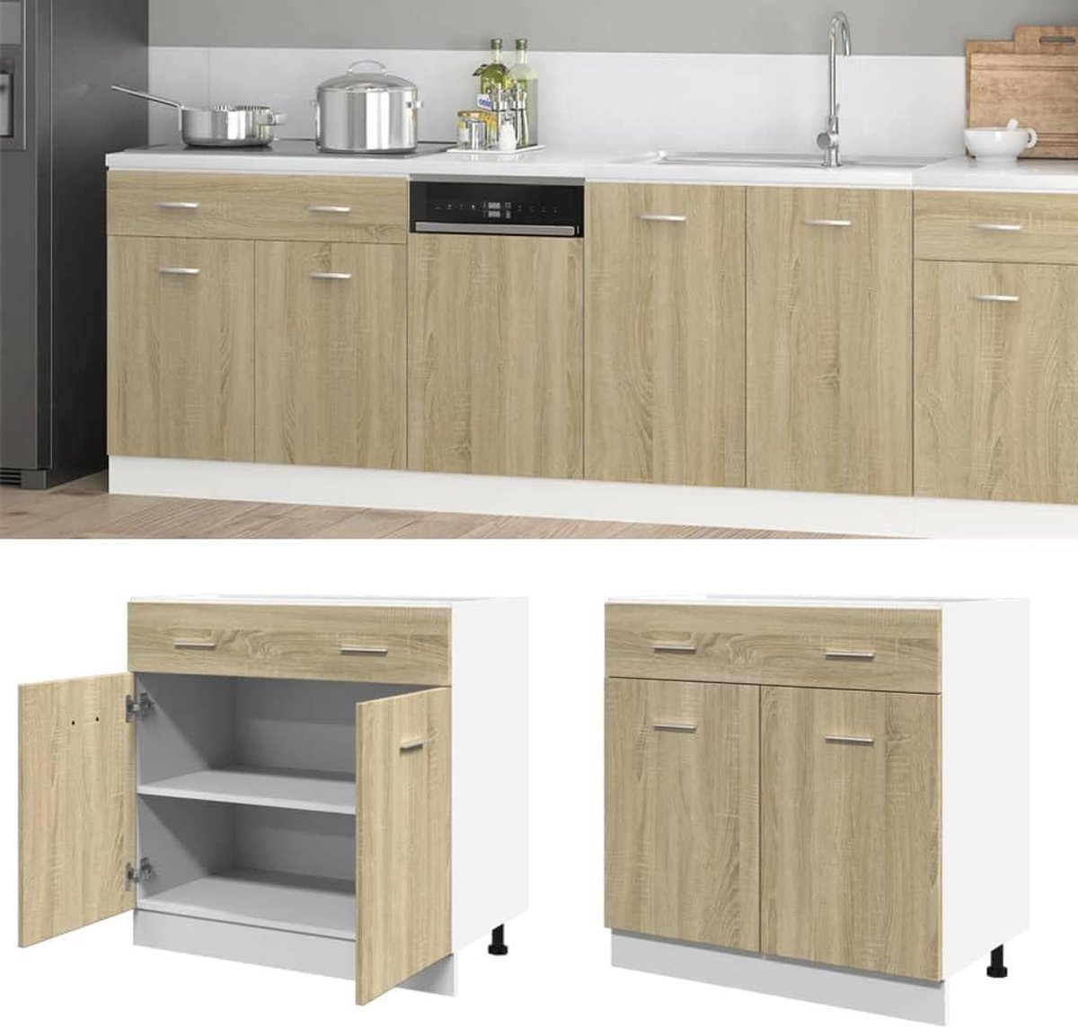 Keukenkast Basisunit - Onderkast Keuken - Keuken Organiseren - Vochtbestendig Technisch Hout - 80 x 46 x 81.5 cm - Eiken