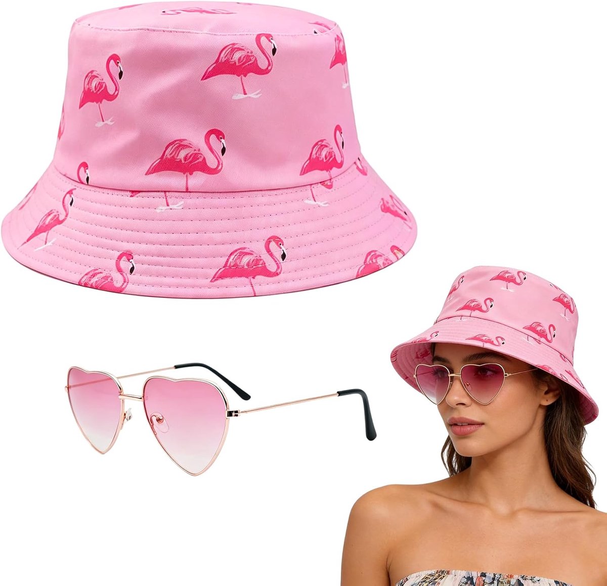 3-delige Mallorca accessoires set - Mallorca hoed - Heuptas - Retro hartvormige zonnebril - Feestoutfit dames - SnelShoppen